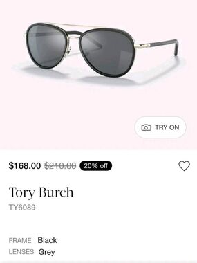 Tory Burch TY6089 Aviator Sunglasses in Black & Grey